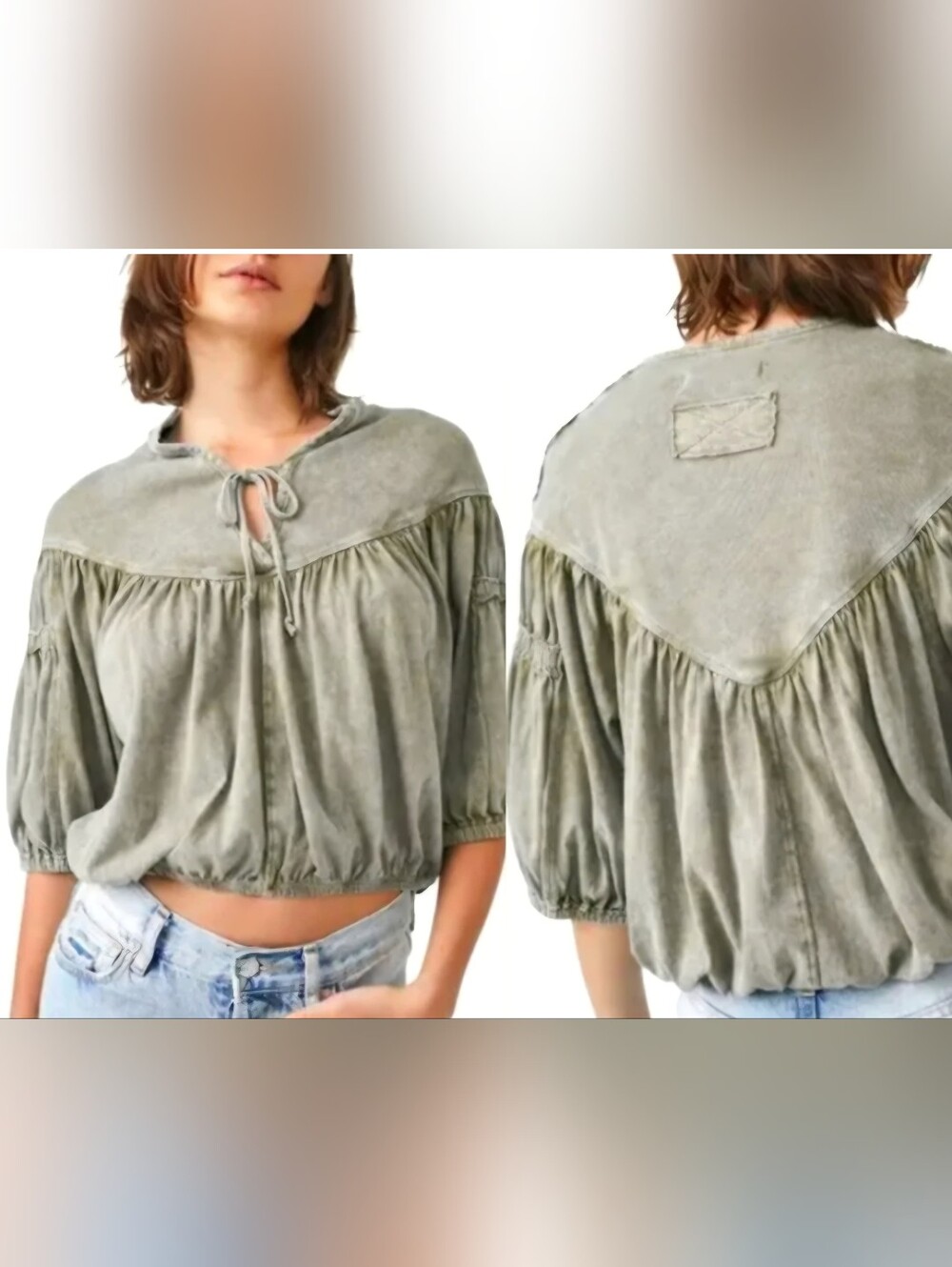 We The Free Olive Washed Peasant Tie-Neck Crop Top